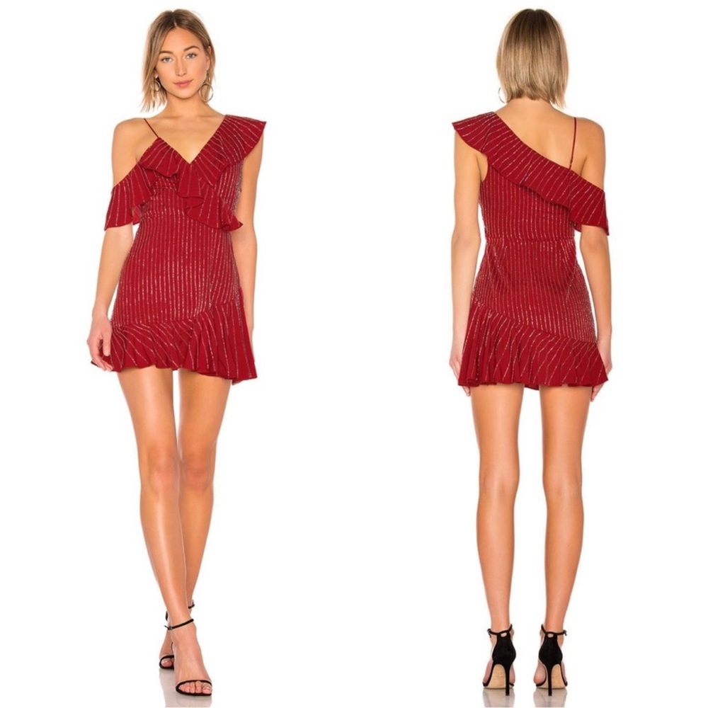 Lovers + Friends One-Shoulder Ruffle Asymmetrical Red Dress w Silver Beads, Sz S